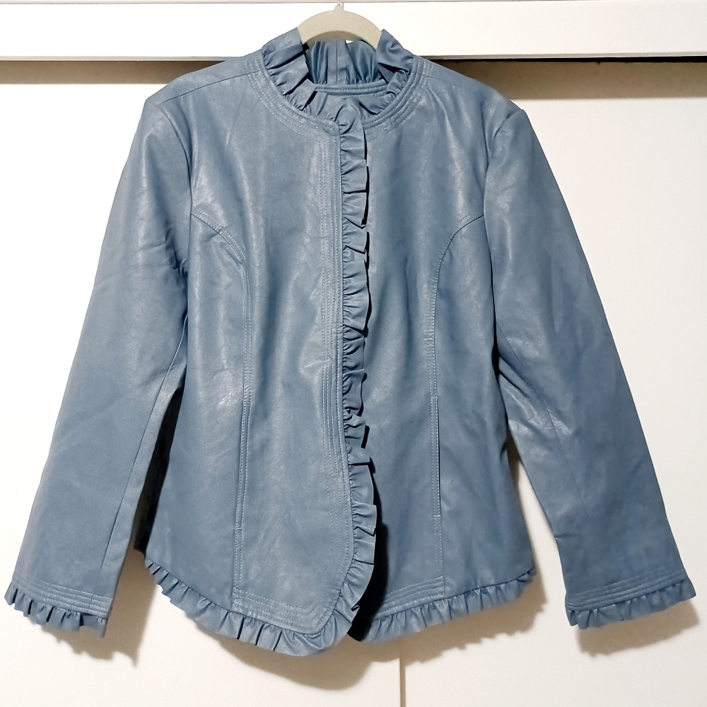 NWT Blue Leather Ruffle Jacket Coat